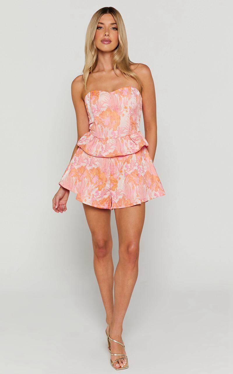 Showpo Hailey Top - Jacquard Strapless Peplum Top Pink & Orange | GXIEOL870