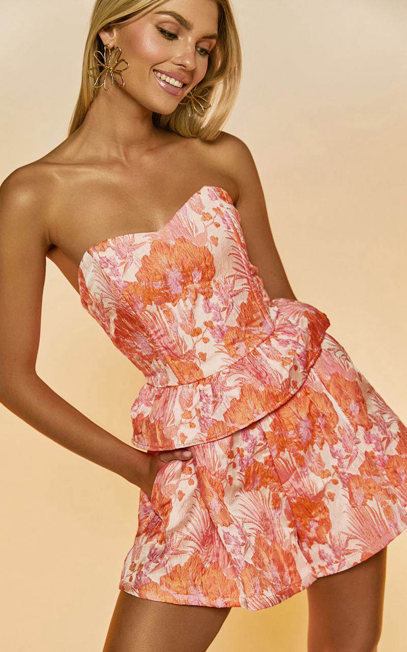 Showpo Hailey Top - Jacquard Strapless Peplum Top Pink & Orange | GXIEOL870