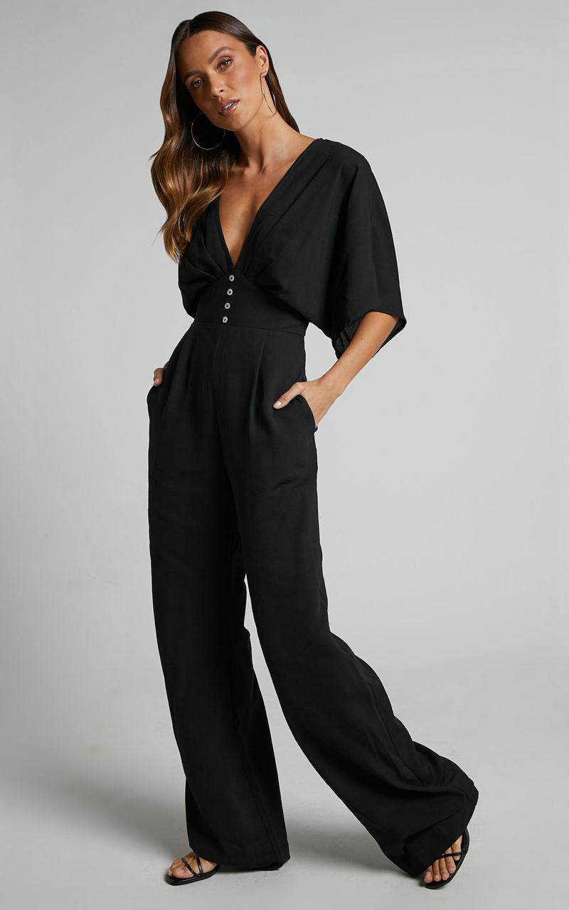 Showpo Hanlou Jumpsuit - Flutter Sleeve V-Neck Button Front Wide Leg Jumpsuit Black | JCHILO297