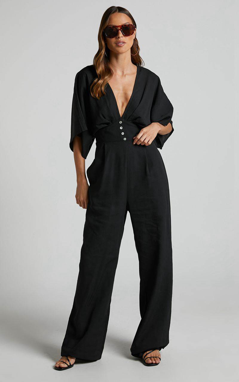 Showpo Hanlou Jumpsuit - Flutter Sleeve V-Neck Button Front Wide Leg Jumpsuit Black | JCHILO297