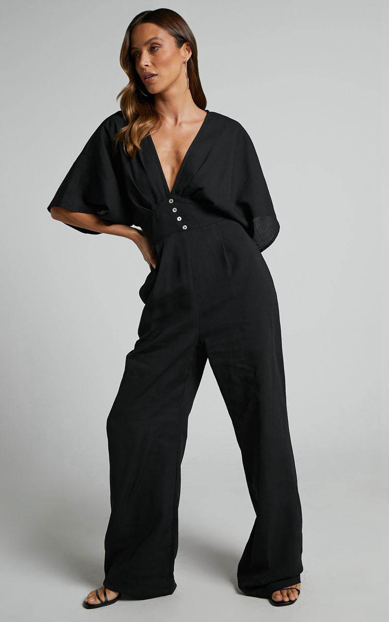 Showpo Hanlou Jumpsuit - Flutter Sleeve V-Neck Button Front Wide Leg Jumpsuit Black | JCHILO297