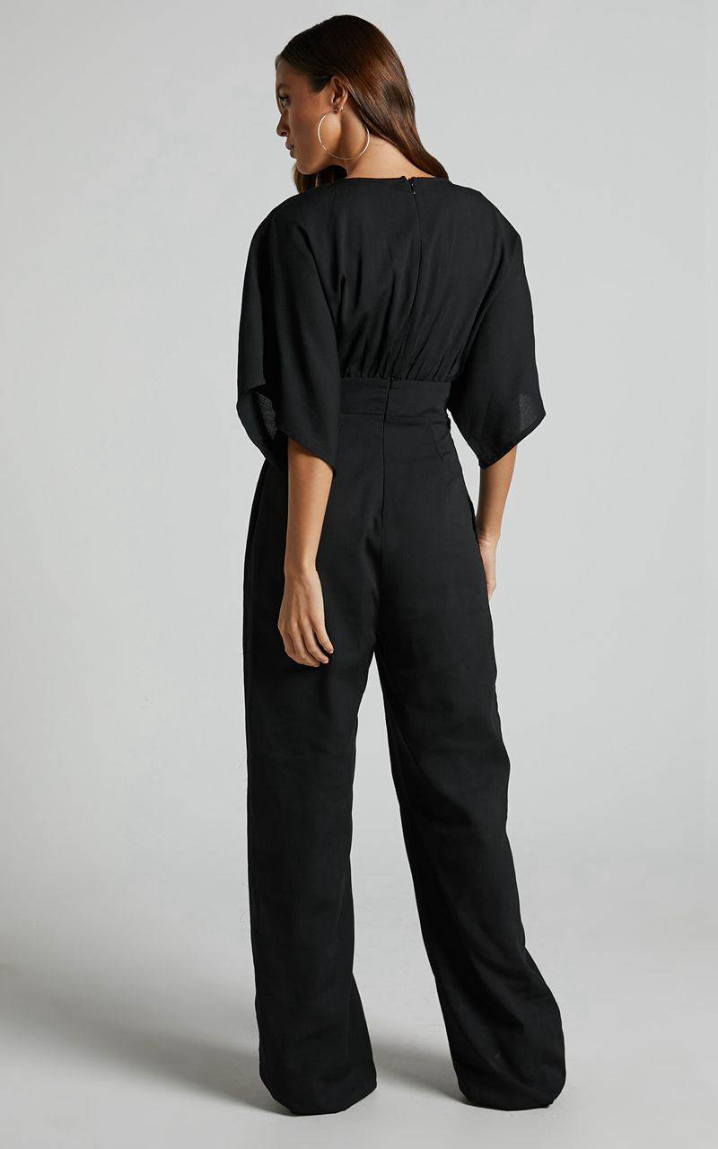 Showpo Hanlou Jumpsuit - Flutter Sleeve V-Neck Button Front Wide Leg Jumpsuit Black | JCHILO297