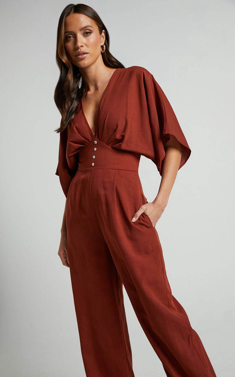 Showpo Hanlou Jumpsuit - Flutter Sleeve V-Neck Button Front Wide Leg Jumpsuit Rust | XEOWGV023