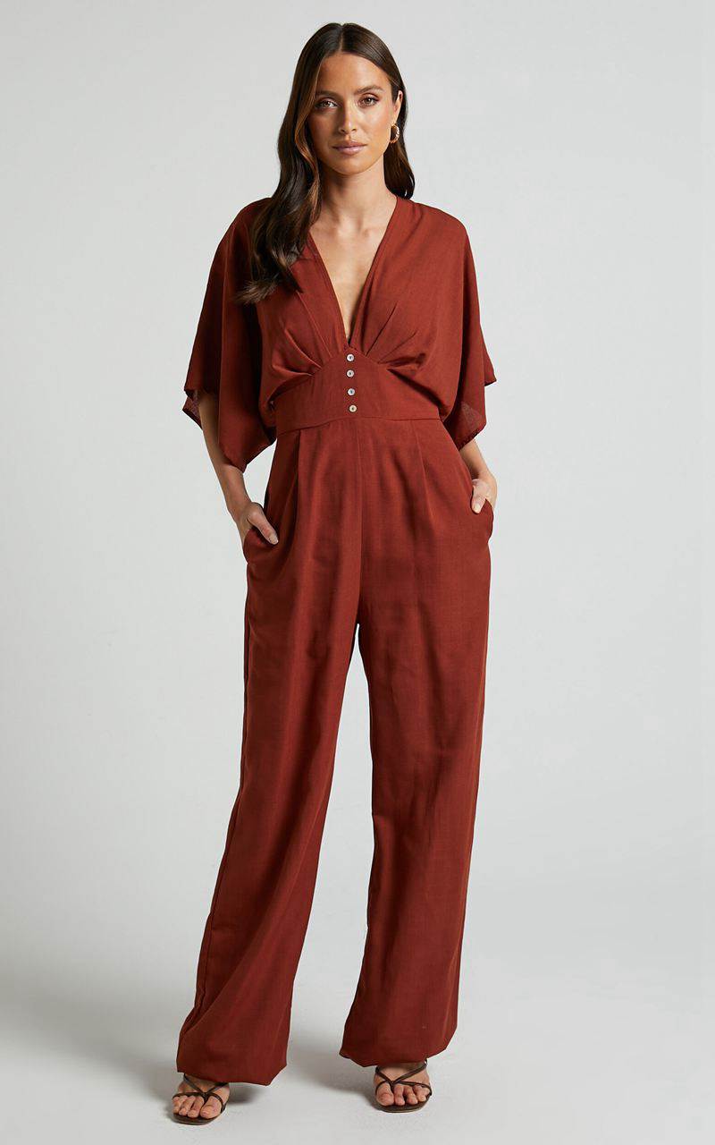 Showpo Hanlou Jumpsuit - Flutter Sleeve V-Neck Button Front Wide Leg Jumpsuit Rust | XEOWGV023