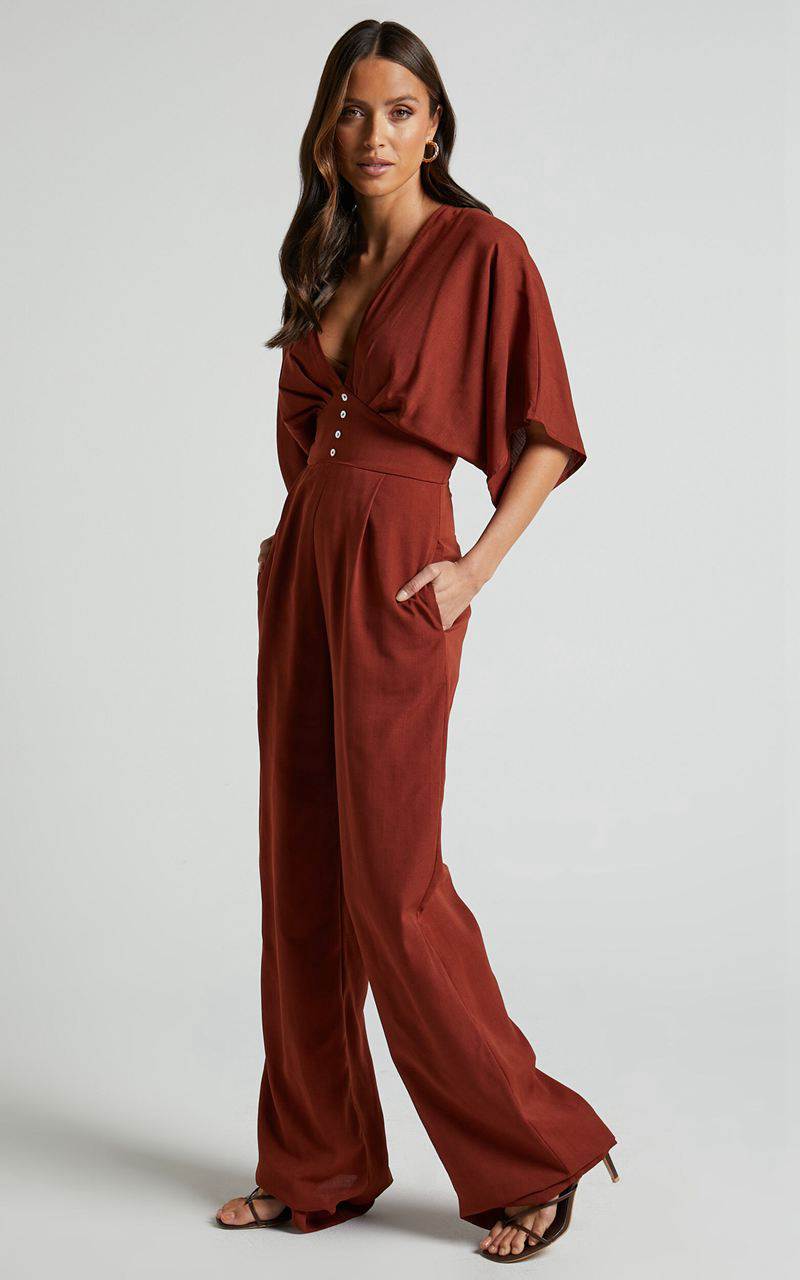 Showpo Hanlou Jumpsuit - Flutter Sleeve V-Neck Button Front Wide Leg Jumpsuit Rust | XEOWGV023