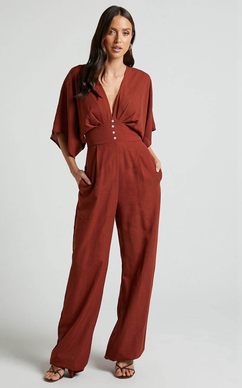 Showpo Hanlou Jumpsuit - Flutter Sleeve V-Neck Button Front Wide Leg Jumpsuit Rust | XEOWGV023