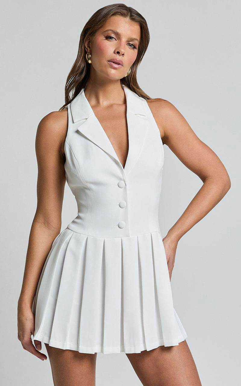 Showpo Hannah Mini Dress - Tailored Button Down Pleated Mini Dress White | CFXUMP089