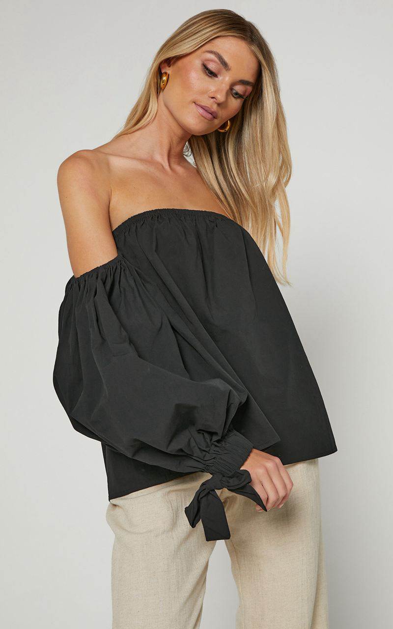 Showpo Hannah Top - Off Shoulder Puff Sleeve Top Black | BJCFLZ475