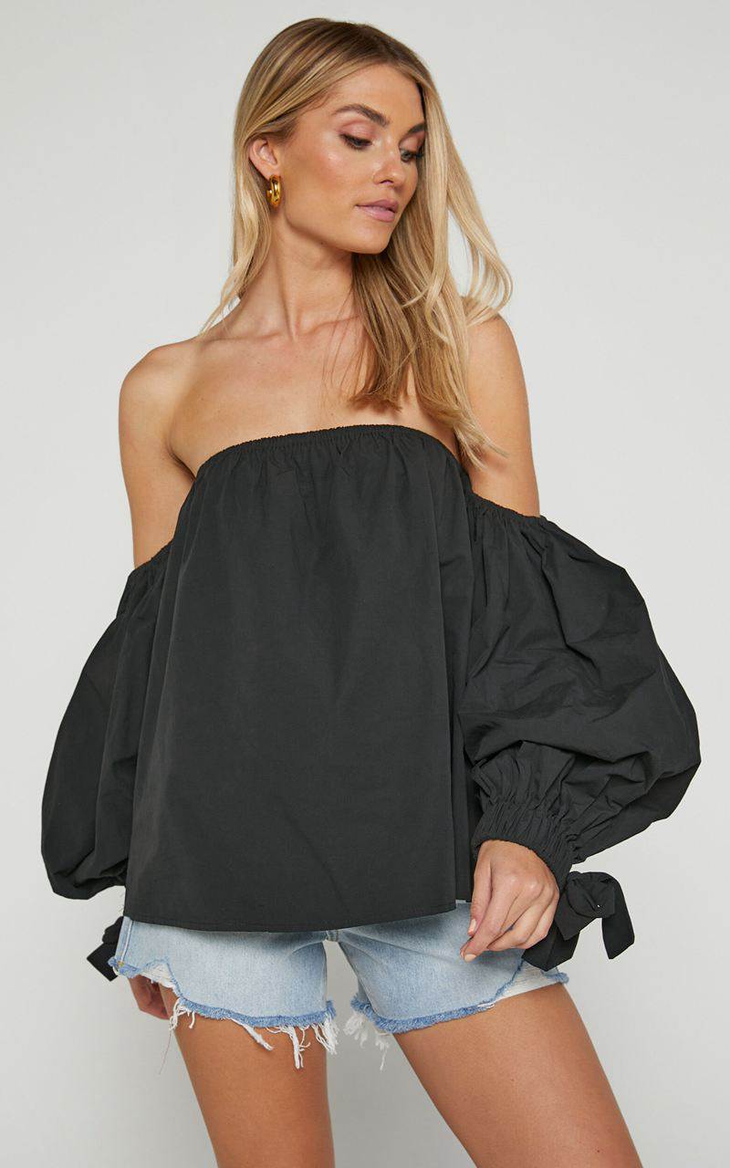 Showpo Hannah Top - Off Shoulder Puff Sleeve Top Black | BJCFLZ475