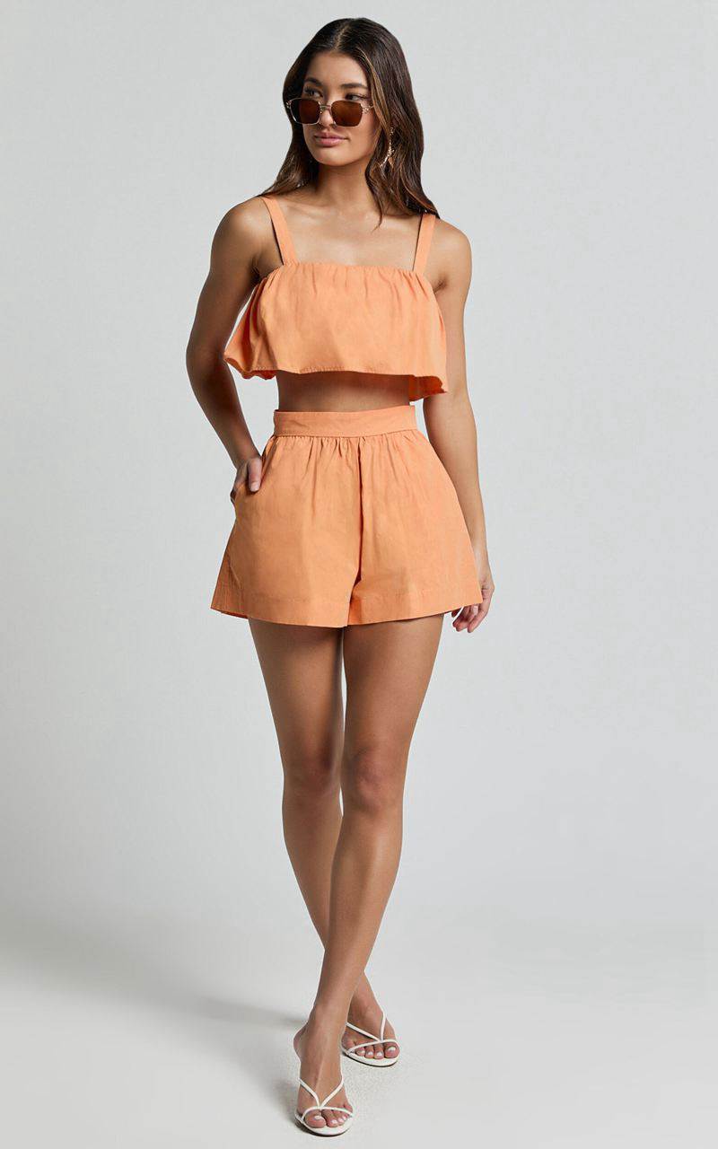 Showpo Hannah Two Piece Set - Frill Crop Top And High Waist Shorts Sherbet Orange | KEVHIC801