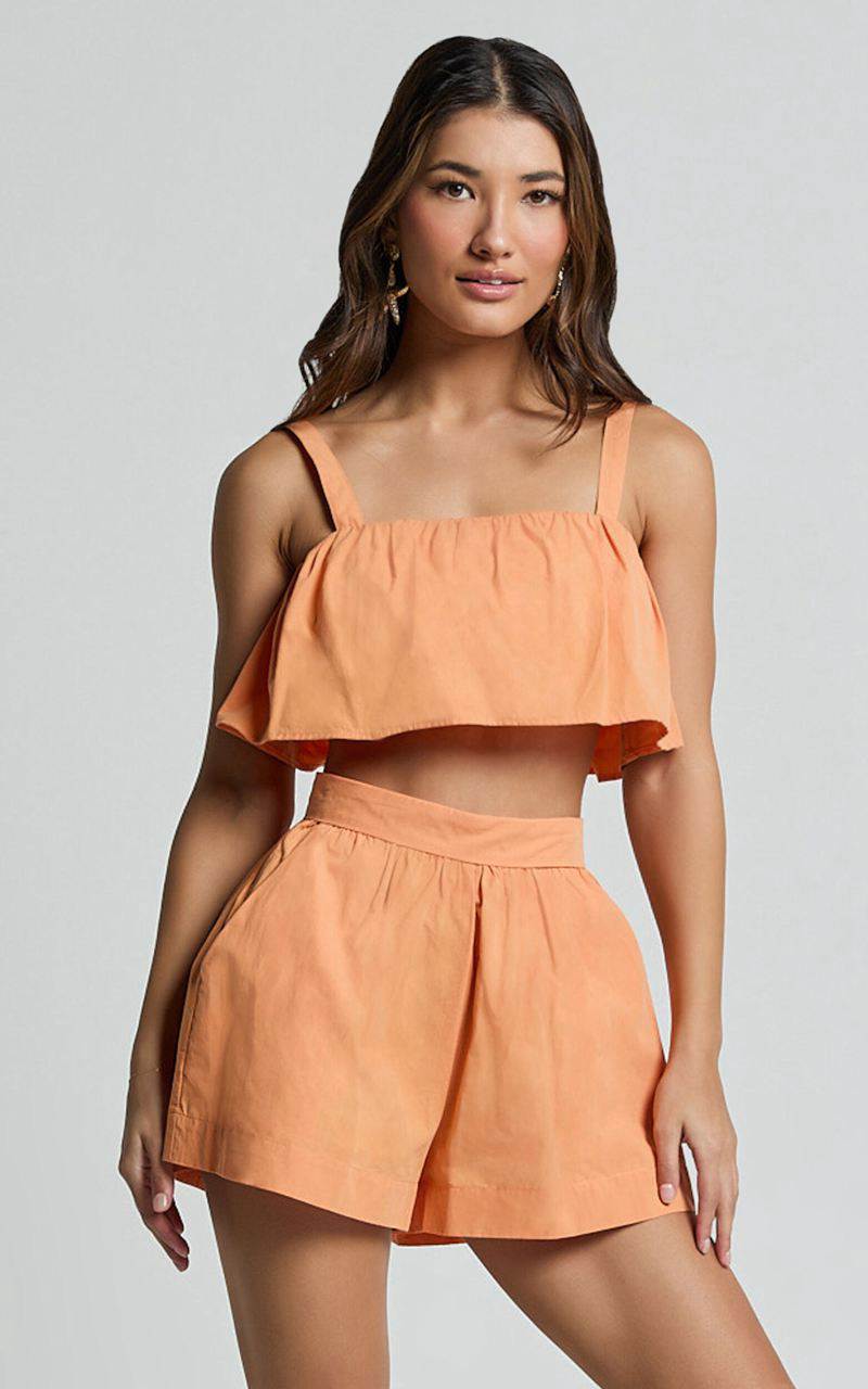 Showpo Hannah Two Piece Set - Frill Crop Top And High Waist Shorts Sherbet Orange | KEVHIC801