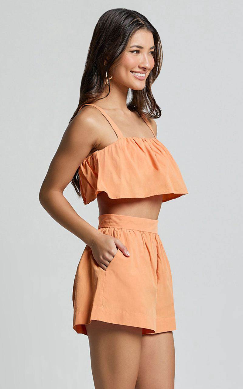 Showpo Hannah Two Piece Set - Frill Crop Top And High Waist Shorts Sherbet Orange | KEVHIC801