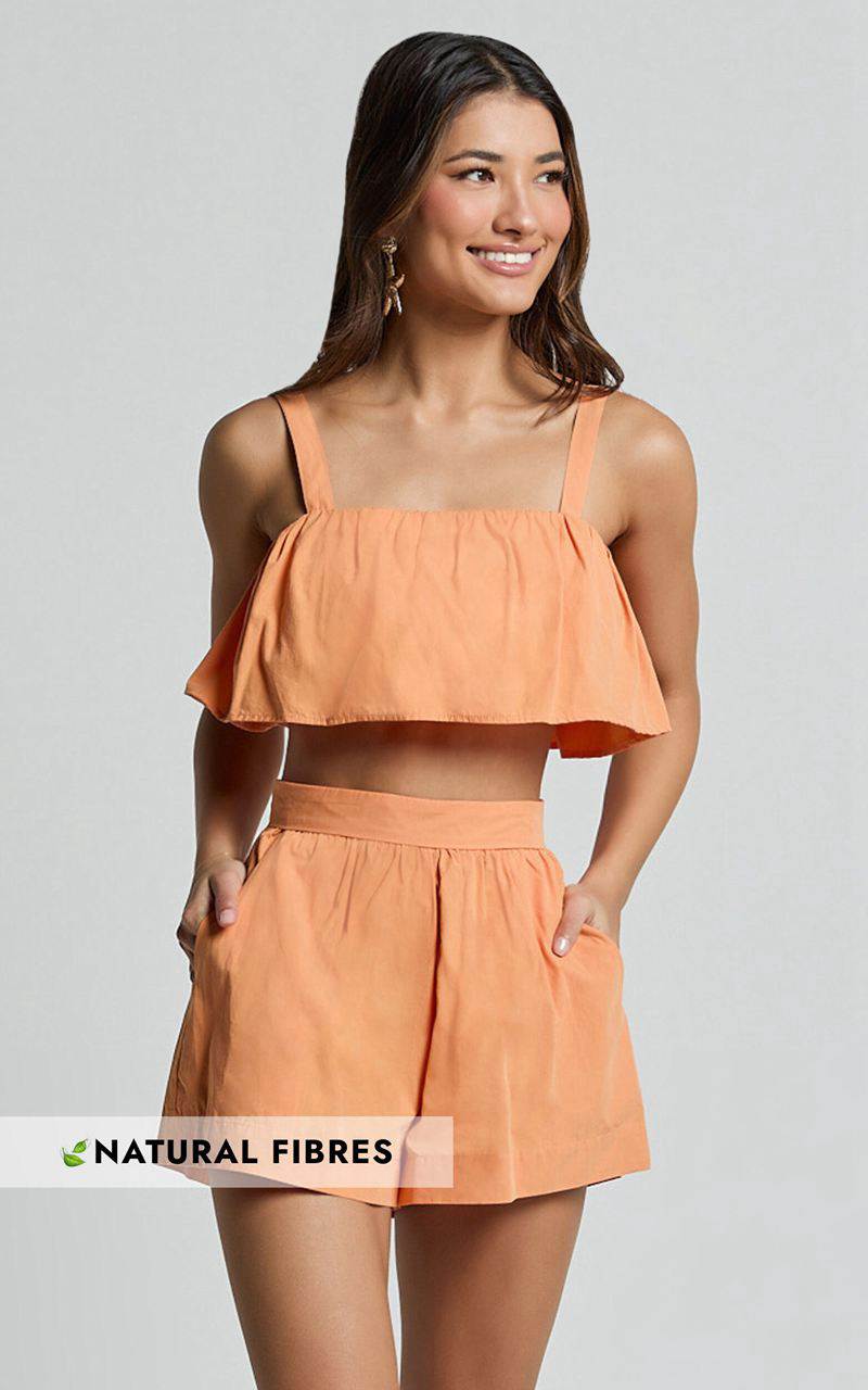 Showpo Hannah Two Piece Set - Frill Crop Top And High Waist Shorts Sherbet Orange | KEVHIC801