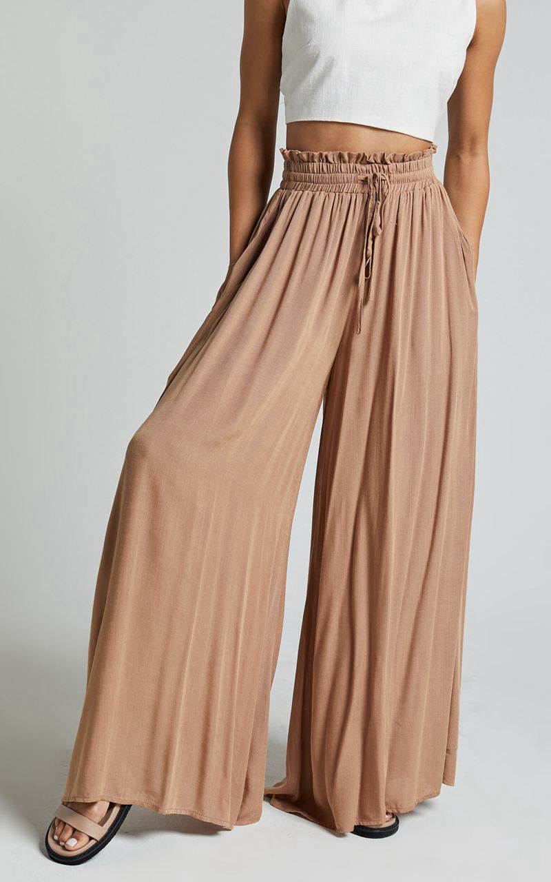 Showpo Hany Pants - High Waist Drawstring Wide Leg Pants Latte | IYBLTE836