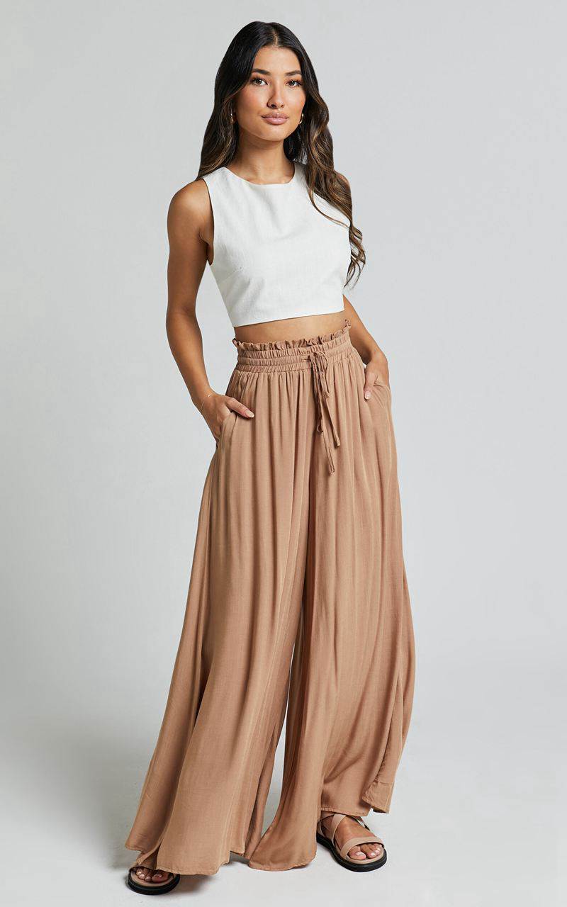 Showpo Hany Pants - High Waist Drawstring Wide Leg Pants Latte | IYBLTE836