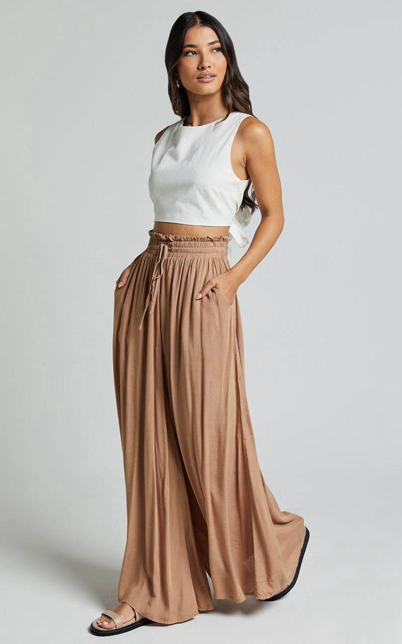 Showpo Hany Pants - High Waist Drawstring Wide Leg Pants Latte | IYBLTE836