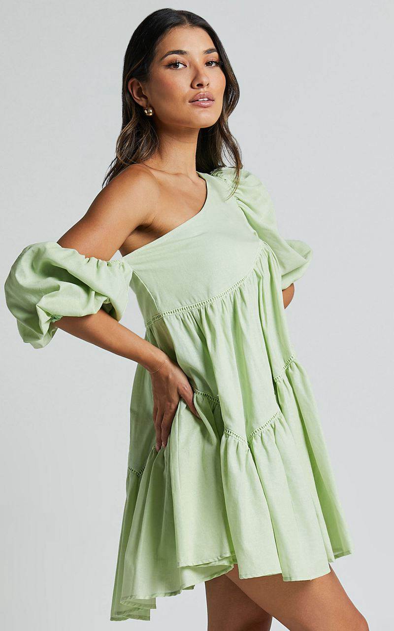 Showpo Harleen Mini Dress - Linen Look Asymmetrical Trim Puff Sleeve Dress Sage | KWOAGM859