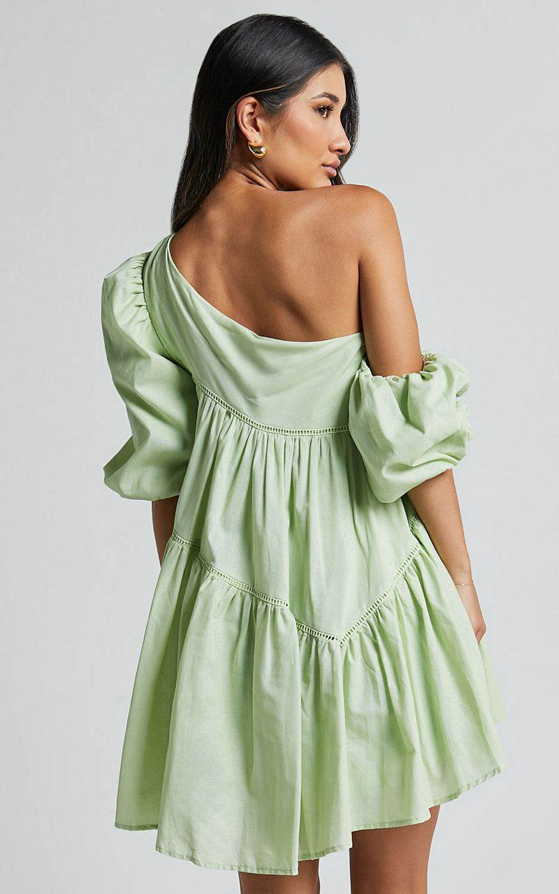 Showpo Harleen Mini Dress - Linen Look Asymmetrical Trim Puff Sleeve Dress Sage | KWOAGM859