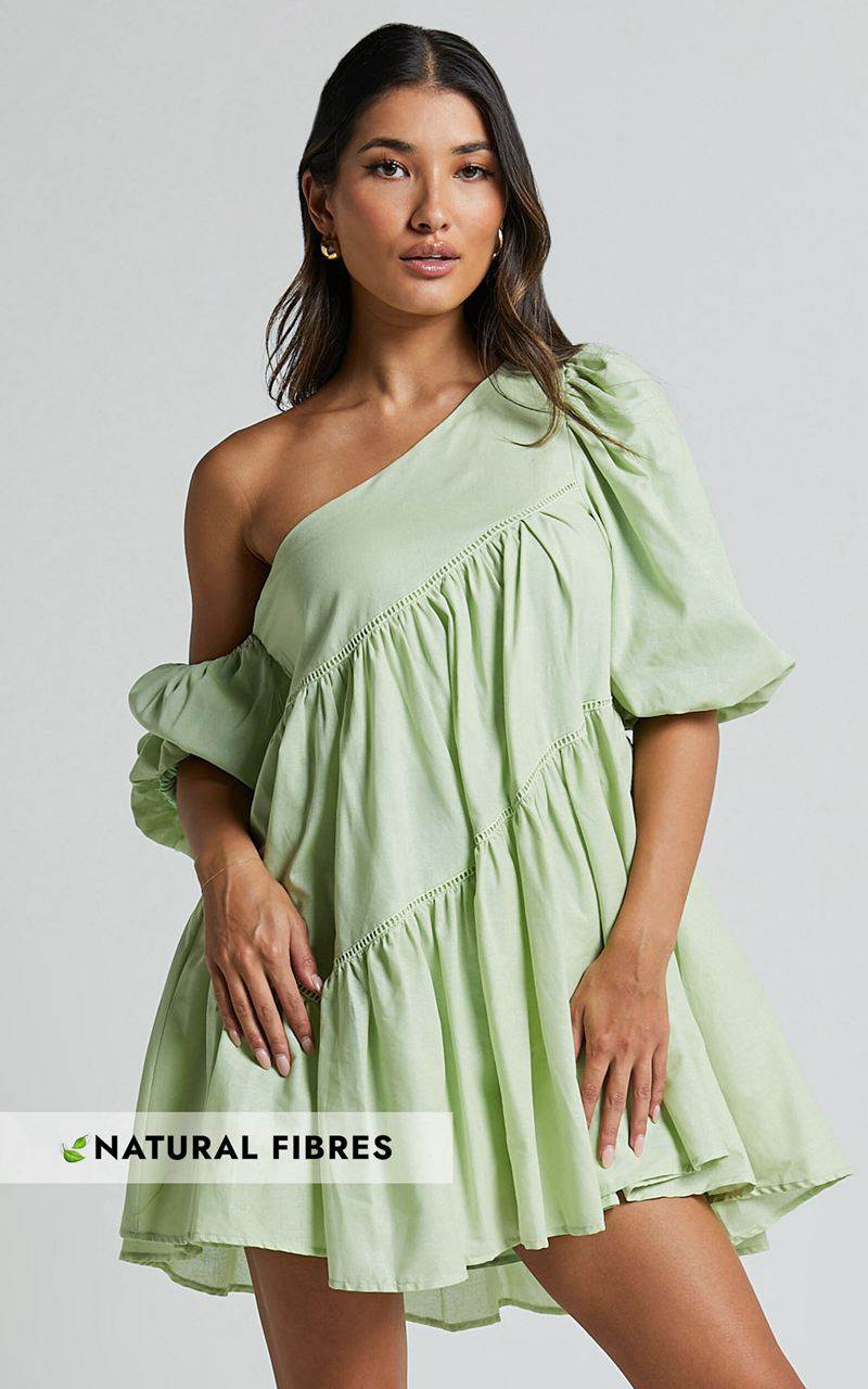 Showpo Harleen Mini Dress - Linen Look Asymmetrical Trim Puff Sleeve Dress Sage | KWOAGM859