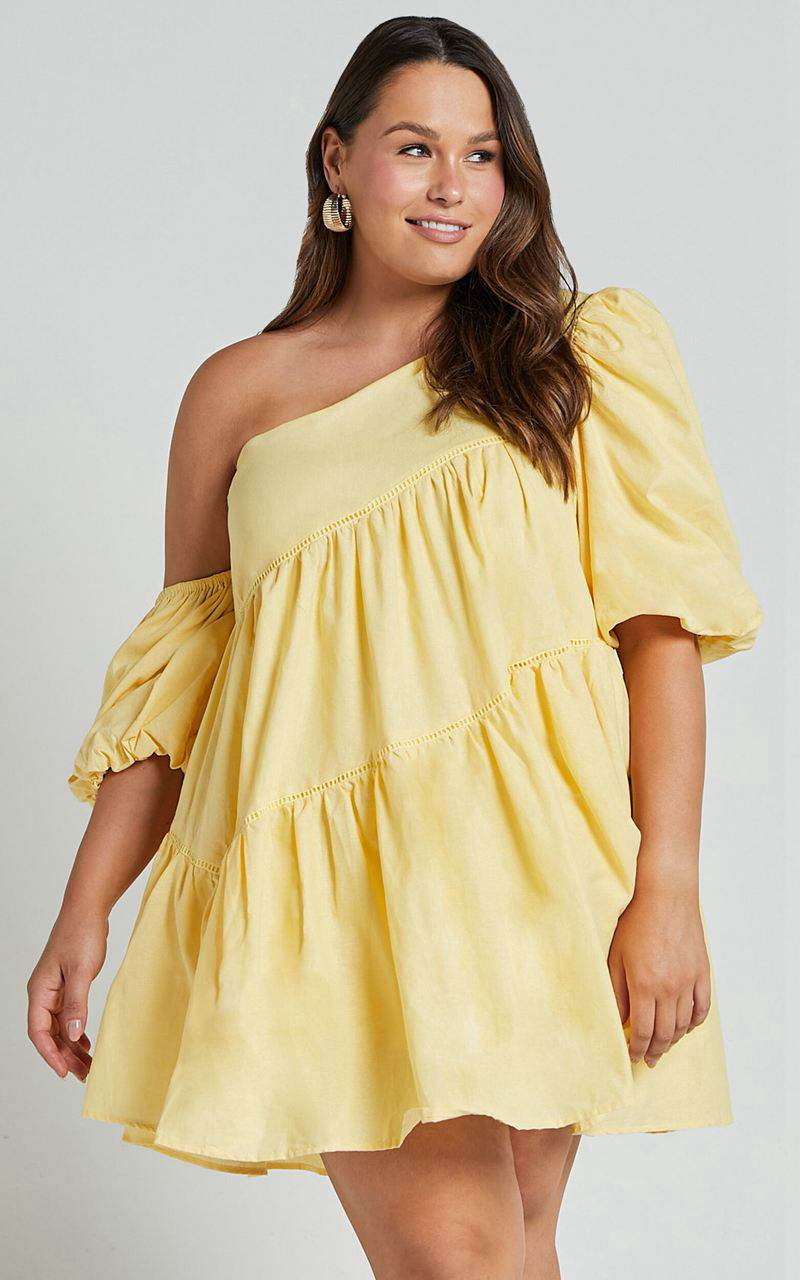 Showpo Harleen Mini Dress - Linen Look Asymmetrical Trim Puff Sleeve Dress Lemon | YSVXMA396