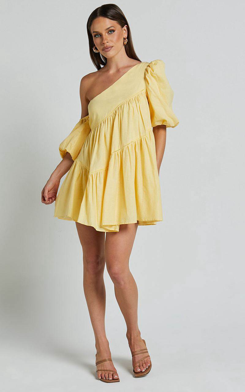 Showpo Harleen Mini Dress - Linen Look Asymmetrical Trim Puff Sleeve Dress Lemon | YSVXMA396