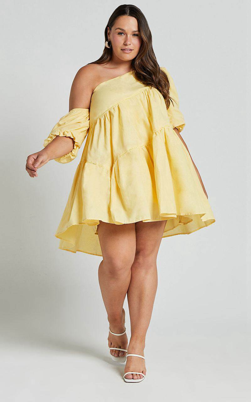 Showpo Harleen Mini Dress - Linen Look Asymmetrical Trim Puff Sleeve Dress Lemon | YSVXMA396