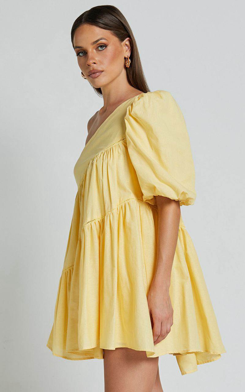 Showpo Harleen Mini Dress - Linen Look Asymmetrical Trim Puff Sleeve Dress Lemon | YSVXMA396