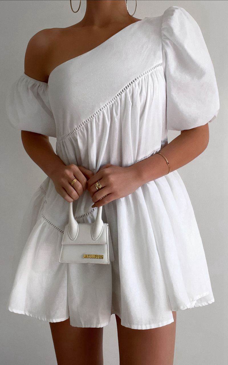 Showpo Harleen Mini Dress - Linen Look Asymmetrical Trim Puff Sleeve Dress White | OLMYSA873