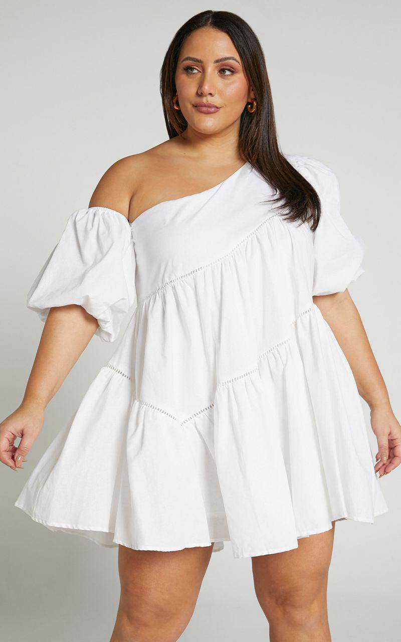 Showpo Harleen Mini Dress - Linen Look Asymmetrical Trim Puff Sleeve Dress White | OLMYSA873