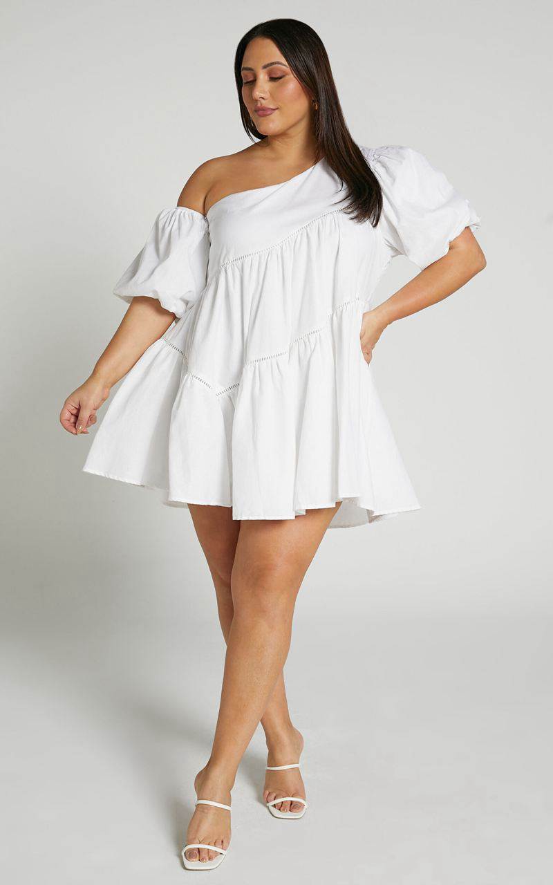 Showpo Harleen Mini Dress - Linen Look Asymmetrical Trim Puff Sleeve Dress White | OLMYSA873