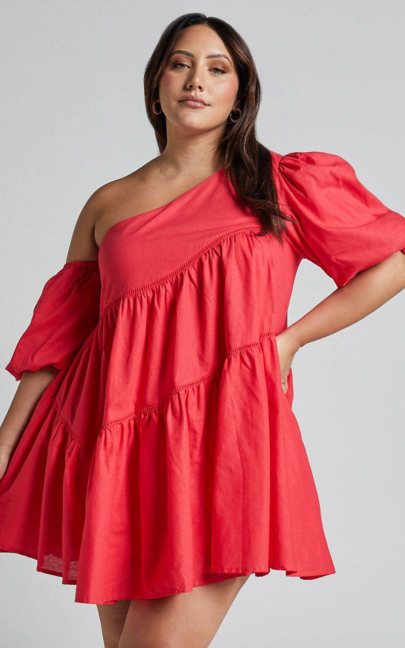 Showpo Harleen Mini Dress - Linen Look Asymmetrical Trim Puff Sleeve Dress Red | PRDWXS305