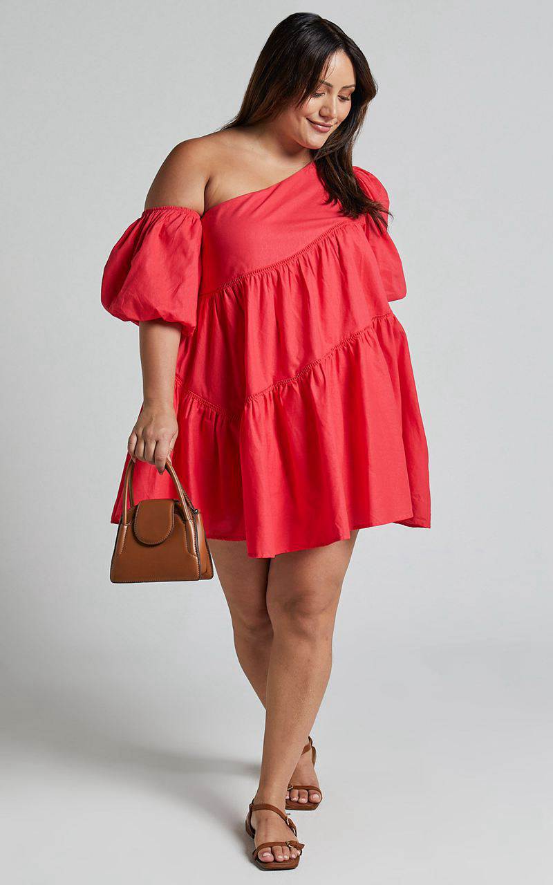 Showpo Harleen Mini Dress - Linen Look Asymmetrical Trim Puff Sleeve Dress Red | PRDWXS305