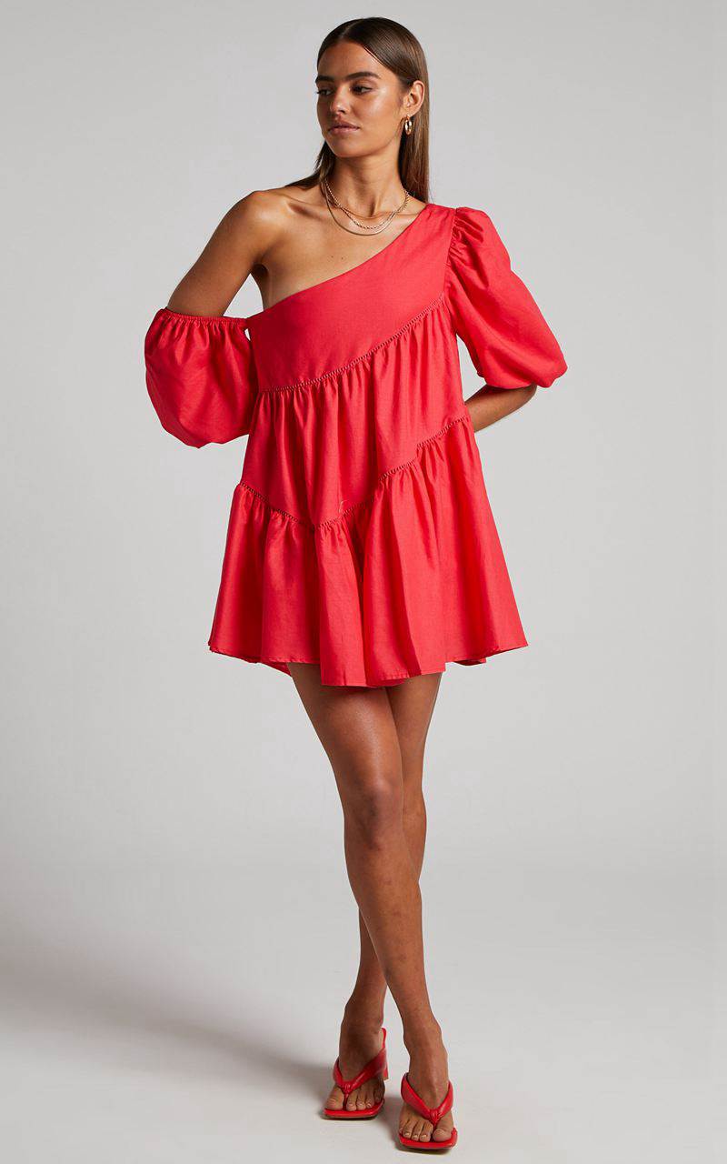 Showpo Harleen Mini Dress - Linen Look Asymmetrical Trim Puff Sleeve Dress Red | PRDWXS305