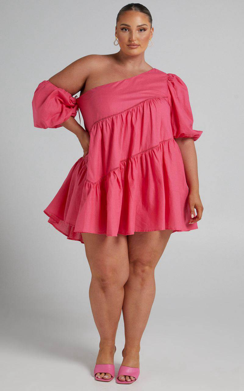 Showpo Harleen Mini Dress - Linen Look Asymmetrical Trim Puff Sleeve Dress Pink | APXMQH769