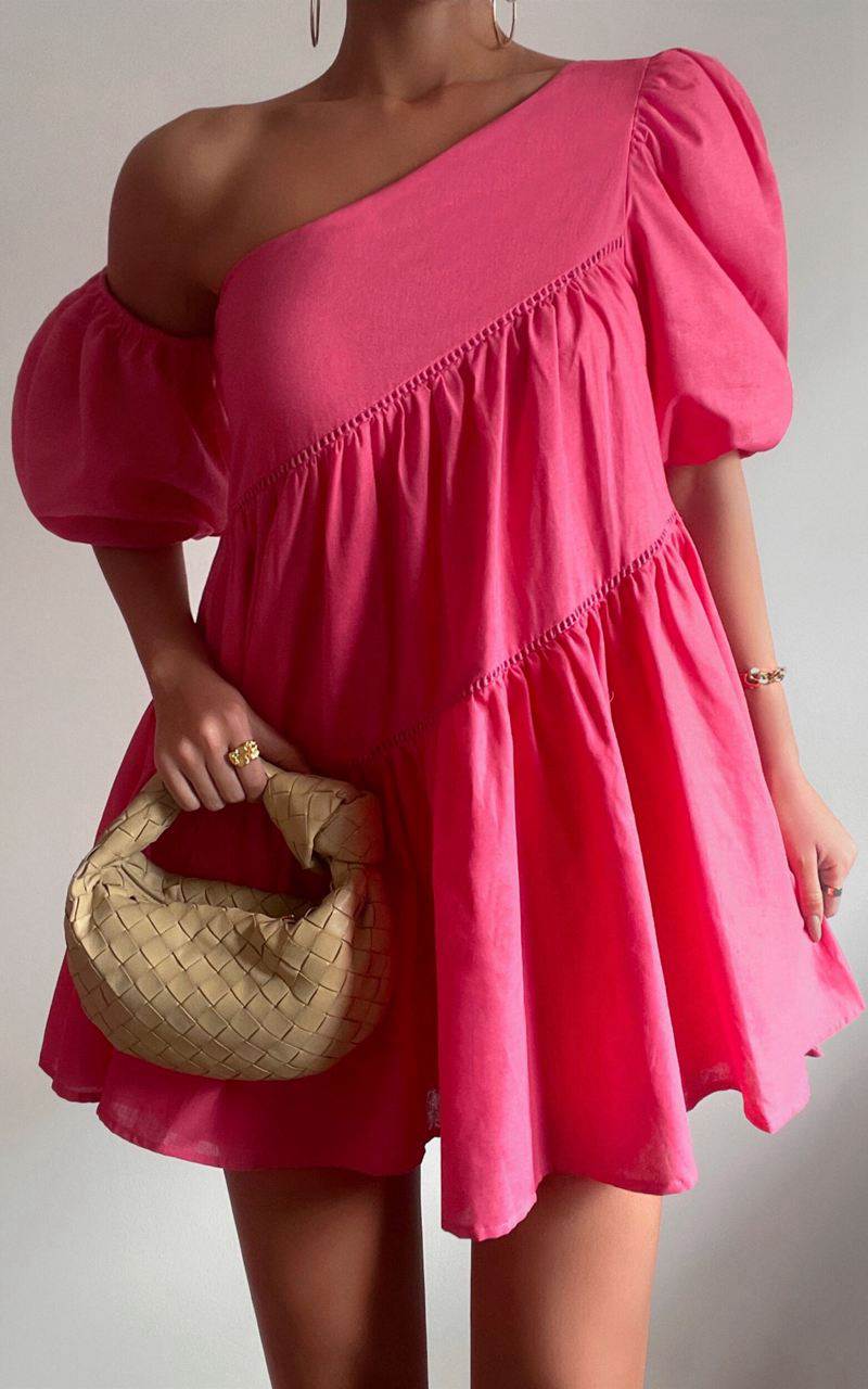 Showpo Harleen Mini Dress - Linen Look Asymmetrical Trim Puff Sleeve Dress Pink | APXMQH769