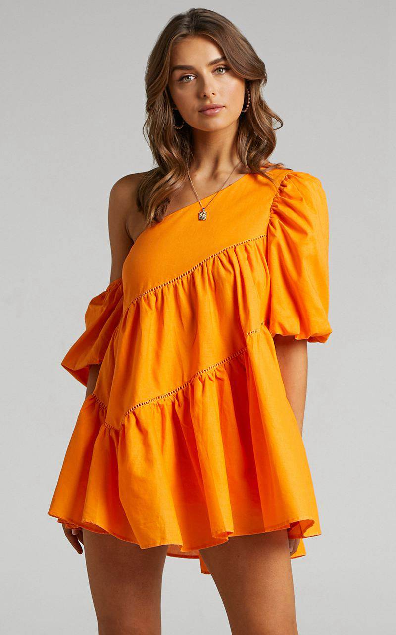 Showpo Harleen Mini Dress - Linen Look Asymmetrical Trim Puff Sleeve Dress Orange | CIAZOL824