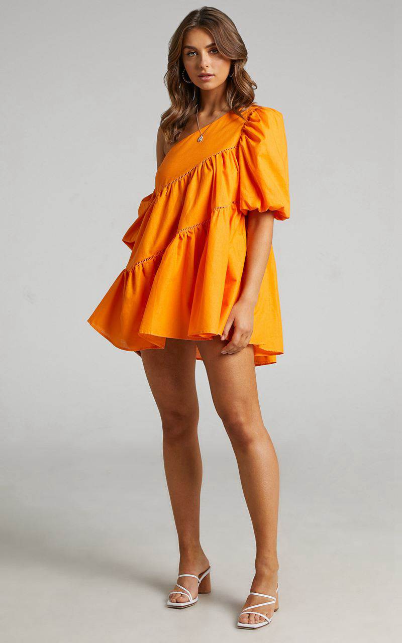 Showpo Harleen Mini Dress - Linen Look Asymmetrical Trim Puff Sleeve Dress Orange | CIAZOL824