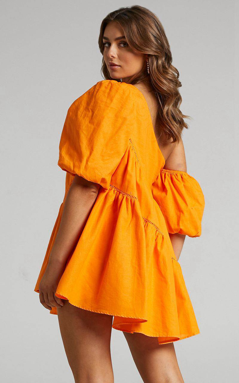 Showpo Harleen Mini Dress - Linen Look Asymmetrical Trim Puff Sleeve Dress Orange | CIAZOL824