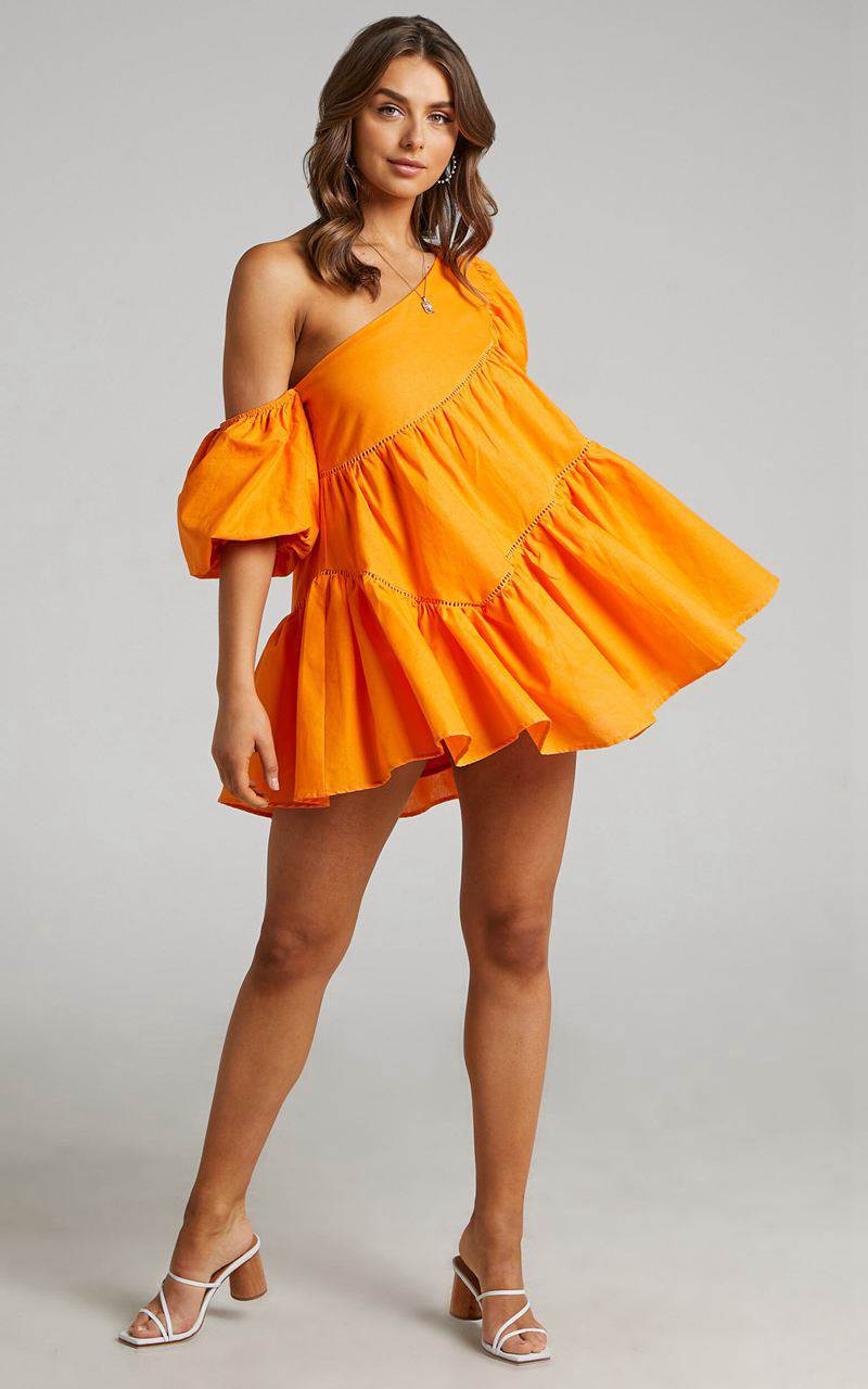 Showpo Harleen Mini Dress - Linen Look Asymmetrical Trim Puff Sleeve Dress Orange | CIAZOL824