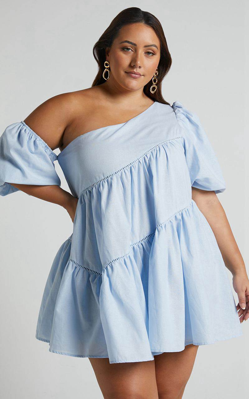 Showpo Harleen Mini Dress - Linen Look Asymmetrical Trim Puff Sleeve Dress Light Blue | IGHWAY231