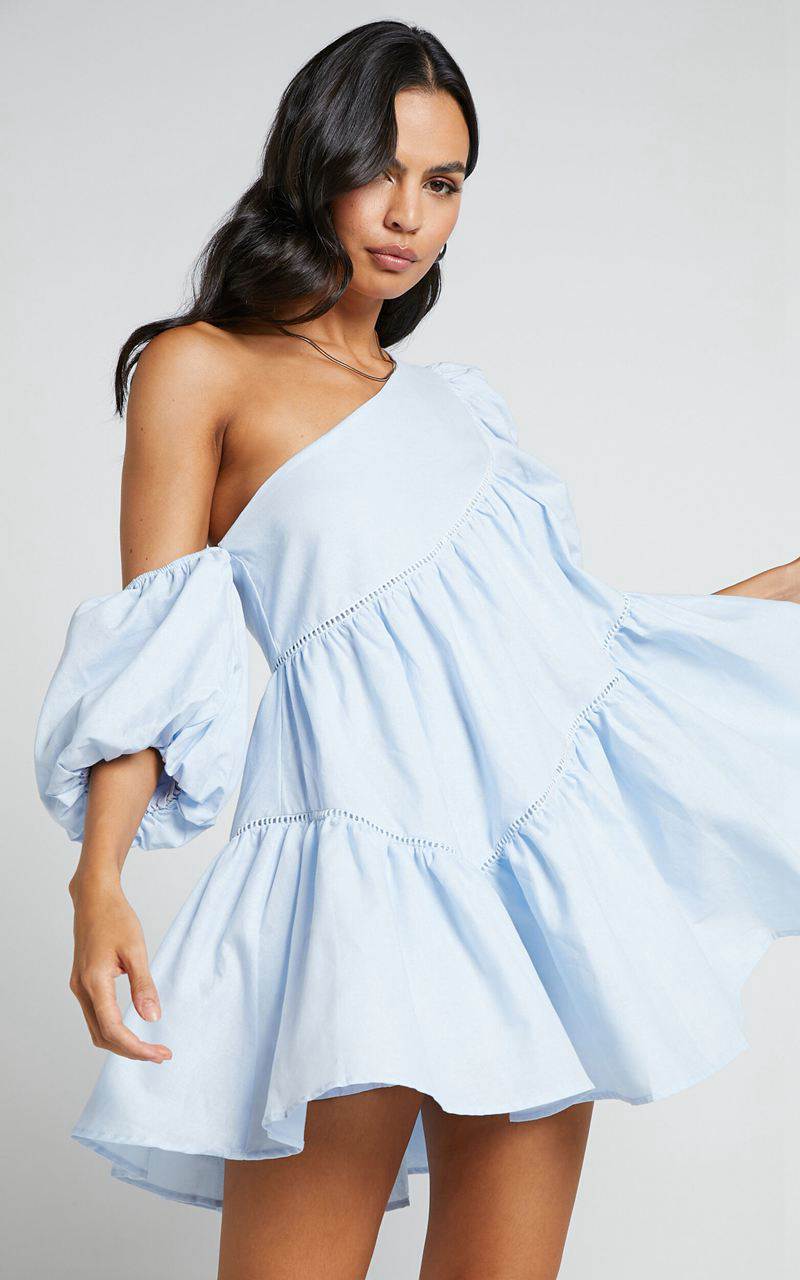 Showpo Harleen Mini Dress - Linen Look Asymmetrical Trim Puff Sleeve Dress Light Blue | IGHWAY231