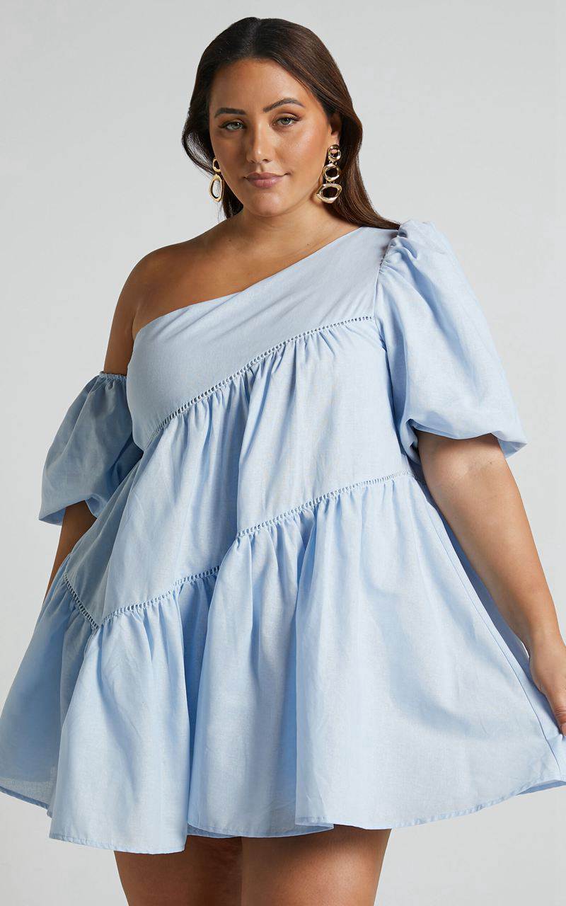 Showpo Harleen Mini Dress - Linen Look Asymmetrical Trim Puff Sleeve Dress Light Blue | IGHWAY231