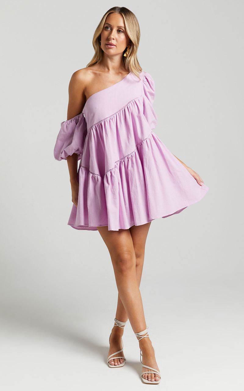 Showpo Harleen Mini Dress - Linen Look Asymmetrical Trim Puff Sleeve Dress Lavender | BASWQL240