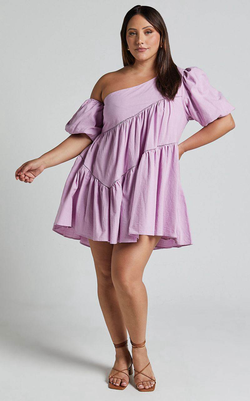 Showpo Harleen Mini Dress - Linen Look Asymmetrical Trim Puff Sleeve Dress Lavender | BASWQL240