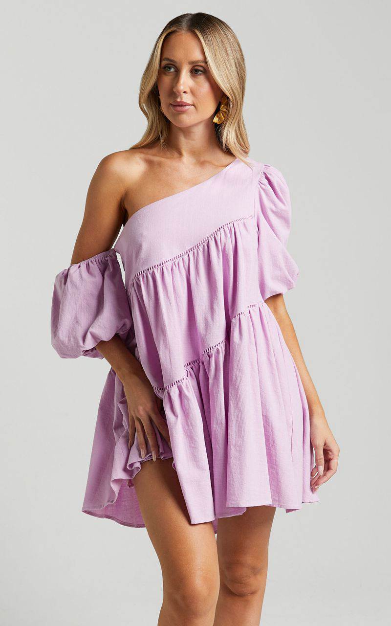 Showpo Harleen Mini Dress - Linen Look Asymmetrical Trim Puff Sleeve Dress Lavender | BASWQL240