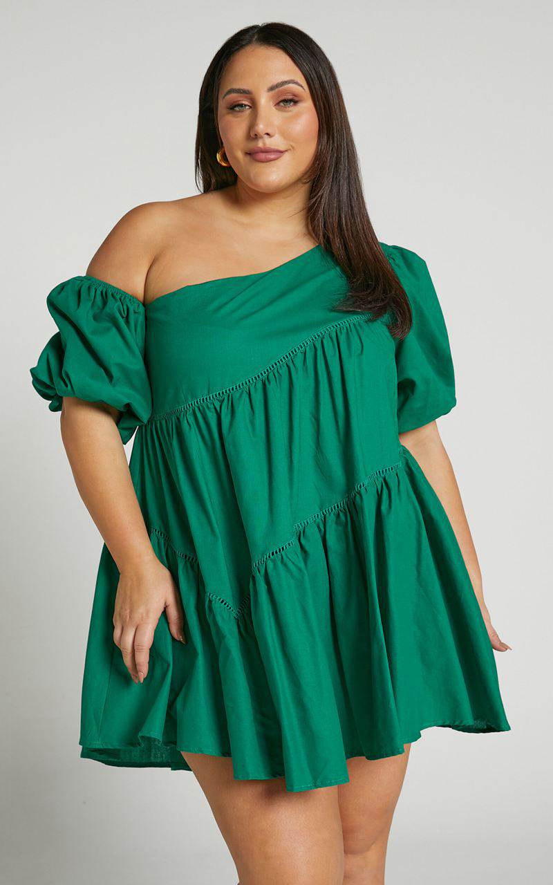 Showpo Harleen Mini Dress - Linen Look Asymmetrical Trim Puff Sleeve Dress Green | UCOLQX120