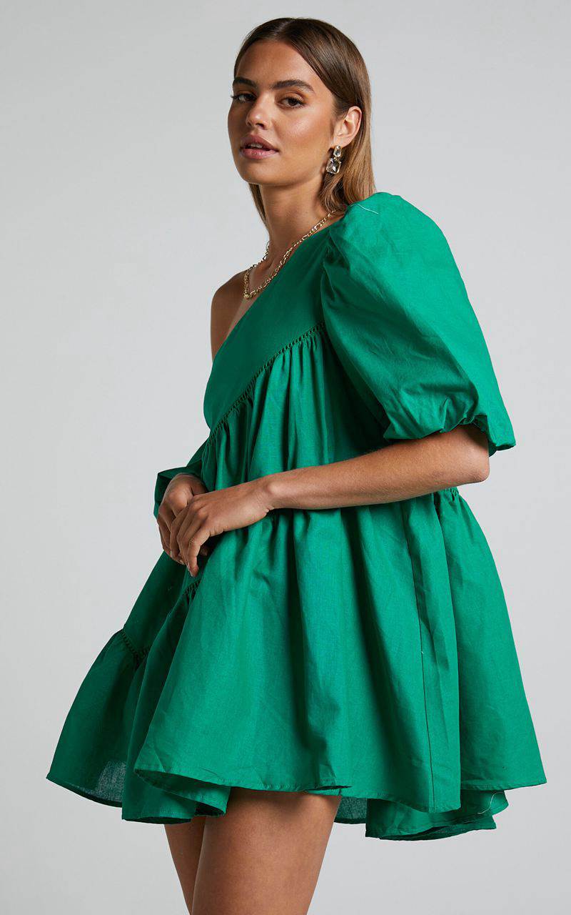 Showpo Harleen Mini Dress - Linen Look Asymmetrical Trim Puff Sleeve Dress Green | UCOLQX120