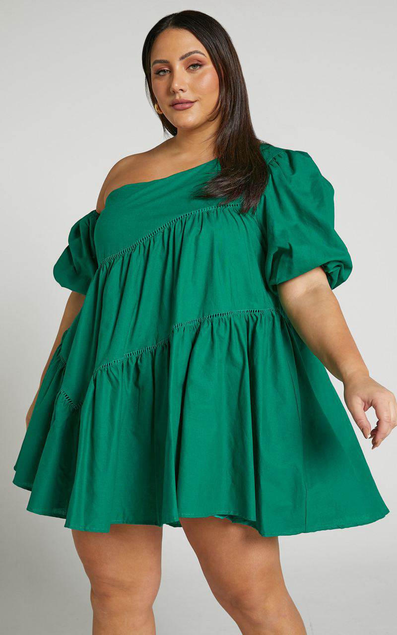 Showpo Harleen Mini Dress - Linen Look Asymmetrical Trim Puff Sleeve Dress Green | UCOLQX120