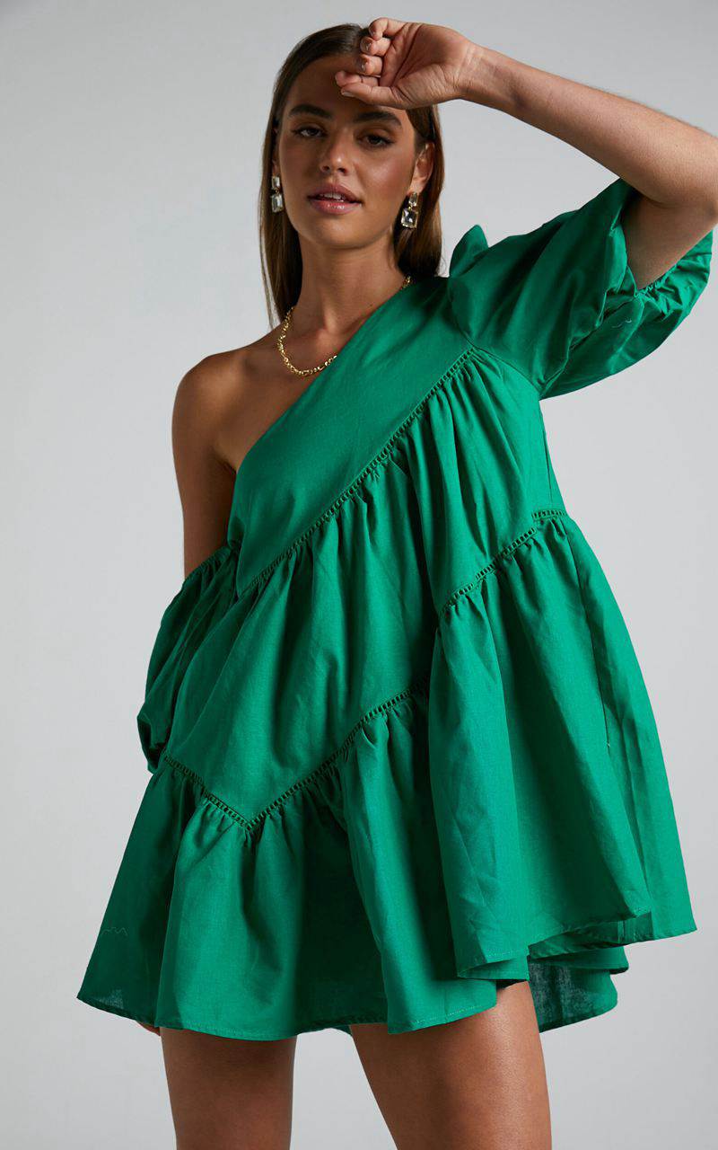 Showpo Harleen Mini Dress - Linen Look Asymmetrical Trim Puff Sleeve Dress Green | UCOLQX120