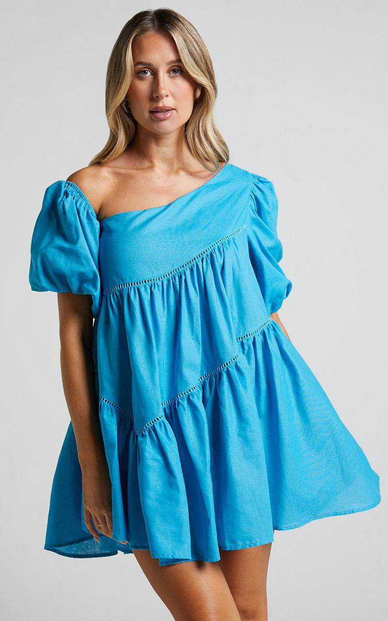 Showpo Harleen Mini Dress - Linen Look Asymmetrical Trim Puff Sleeve Dress Blue | ZMTNBY281